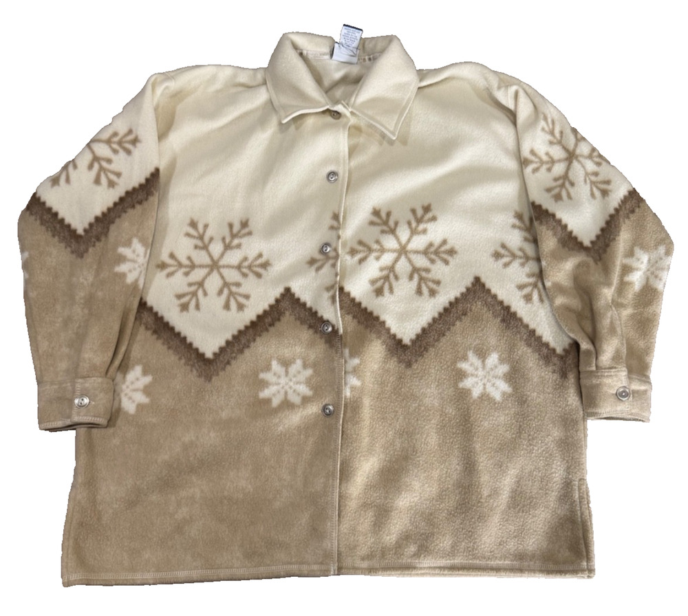 Lane Bryant Tan Cream Snowflake Fleece Shacket Button Up Shirt 14/16 Venezia Vtg